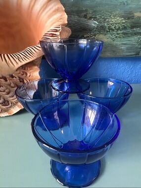 Vintage Hazel Atlas Cobalt Blue Newport Pattern Footed Dessert Bowls Set of 4